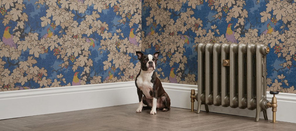 Cast iron radiator with Farrow and Ball wallpaper