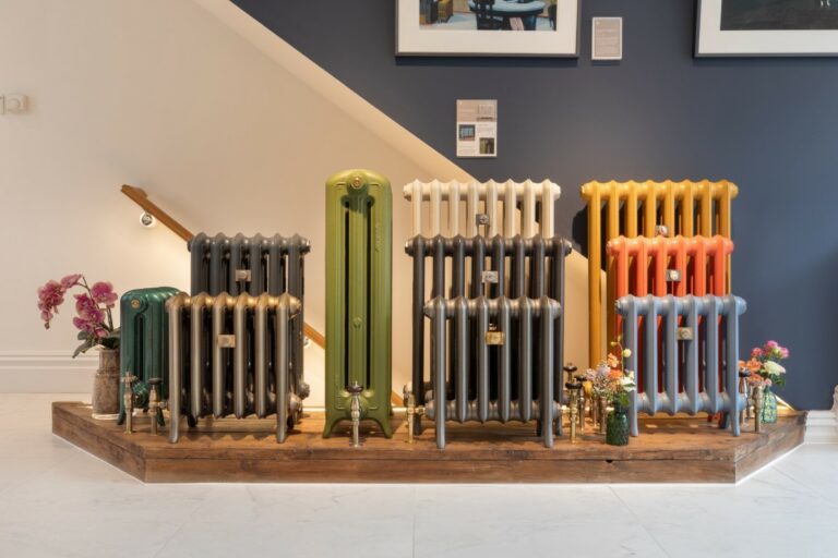 Emmeline Cast iron radiators in Little Greene colours at Castrads Fulham Road