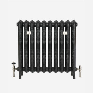 Grzejnik żeliwny Rococo III 768mmw kolorze Black Iron z akcesoriami Satin Nickel