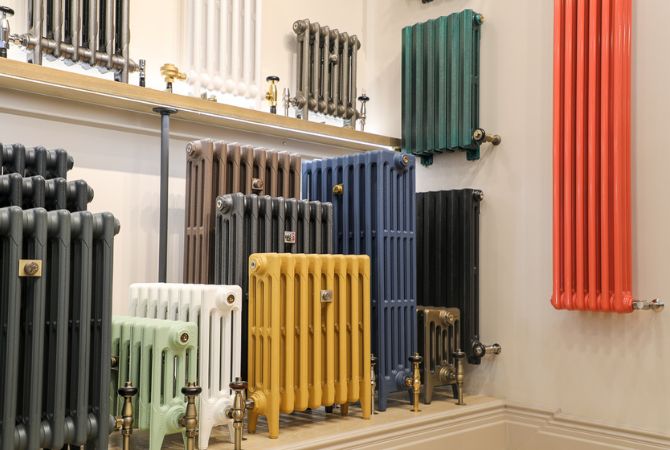 Display of cast iron steam radiators in the Castrads SoHo showroom.